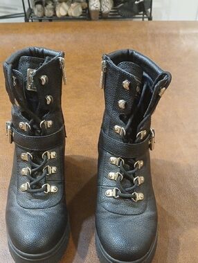 Guess Black Lace-Up Combat Boots with Gold Hardware